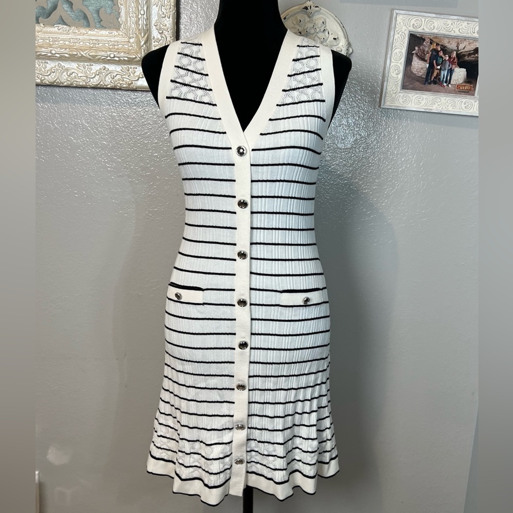 LOFT White and Black Striped Button-Front Knit Dress